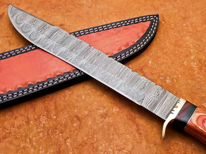 15 Inch Custom Handmade Damascus Steel Bowie Knife with Camel Bone and Hardwood Handle