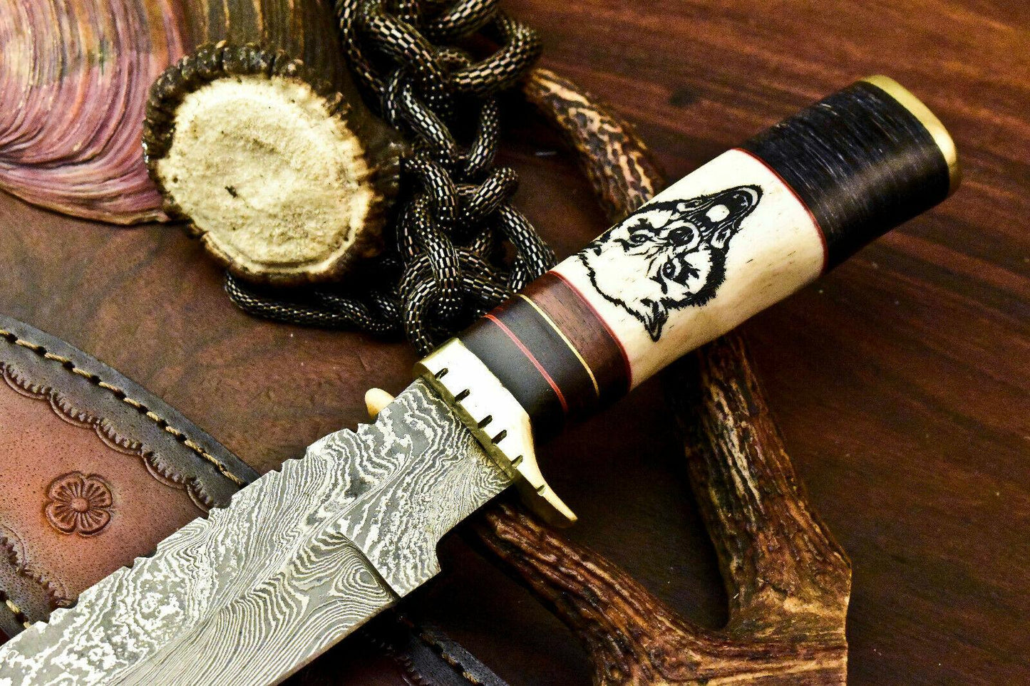 Damascus Steel Bowie Knife | 12" Hand-Forged Camel Bone Handle with Laser Etched Blade