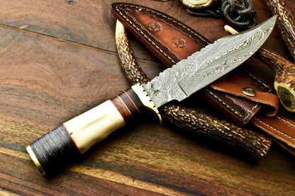 Damascus Steel Bowie Knife | 12" Hand-Forged Camel Bone Handle with Laser Etched Blade