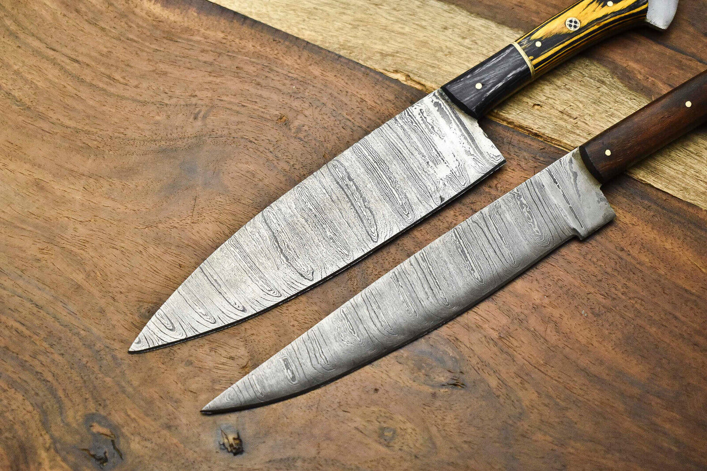 Lot of 2 Handmade Damascus Steel Blade Chef Knife Set – Custom Kitchen Knives