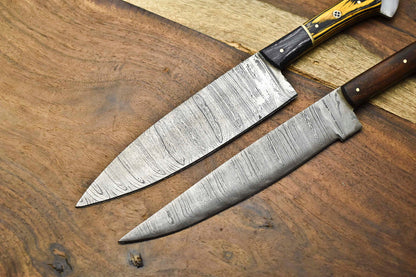 Lot of 2 Handmade Damascus Steel Blade Chef Knife Set – Custom Kitchen Knives