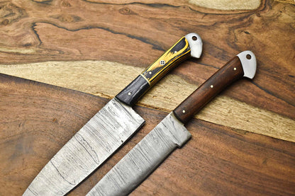 Lot of 2 Handmade Damascus Steel Blade Chef Knife Set – Custom Kitchen Knives