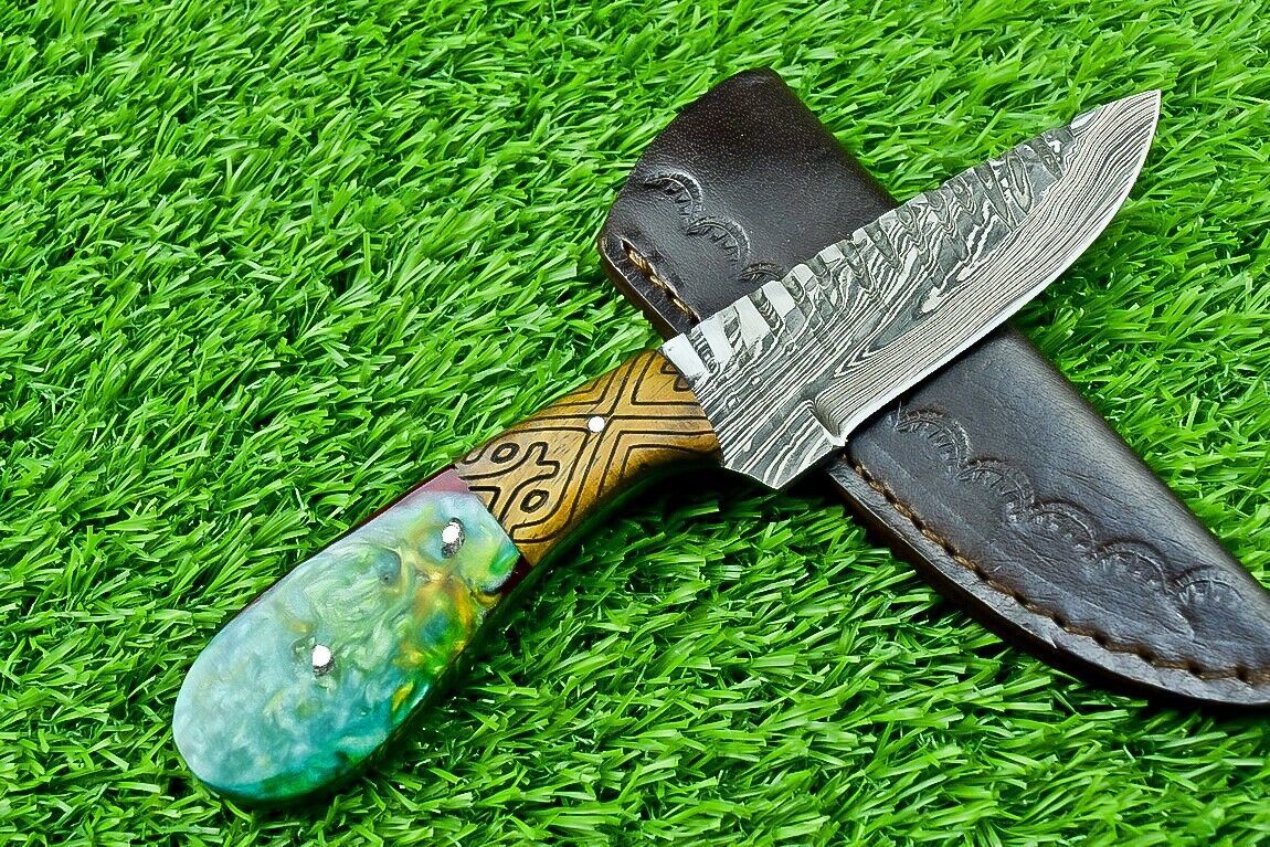 8" Custom Handmade Damascus Steel Bowie Hunting Knife – Resin & Wood Handle