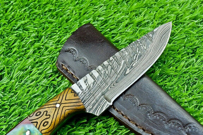 8" Custom Handmade Damascus Steel Bowie Hunting Knife – Resin & Wood Handle