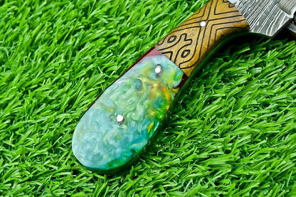 8" Custom Handmade Damascus Steel Bowie Hunting Knife – Resin & Wood Handle
