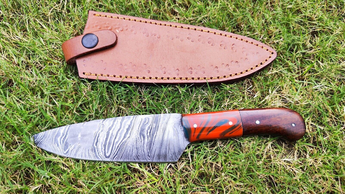 Handmade Damascus Steel Fillet & Chef Knife 7" Blade | Wood Handle + Sheath