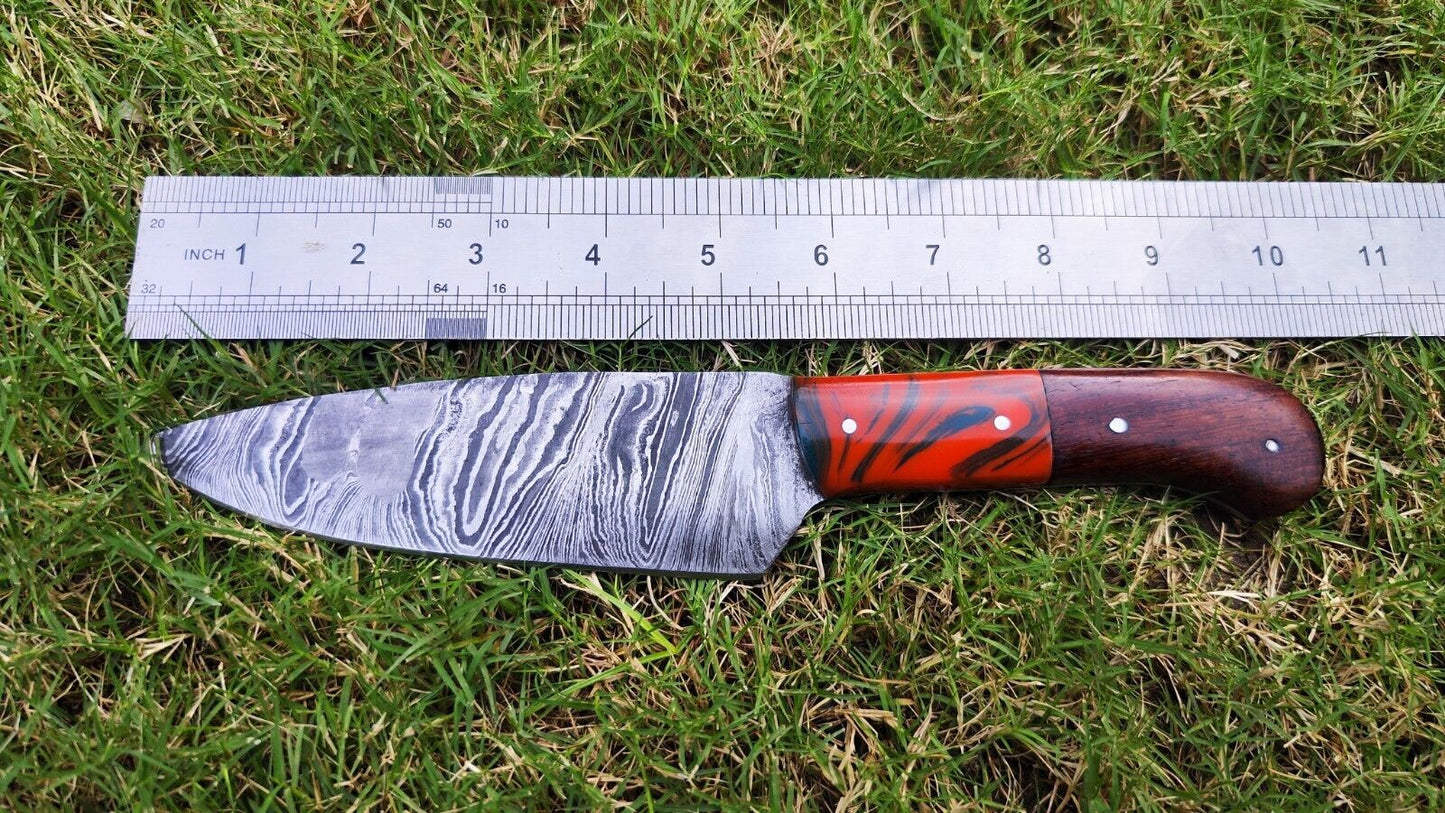 Handmade Damascus Steel Fillet & Chef Knife 7" Blade | Wood Handle + Sheath