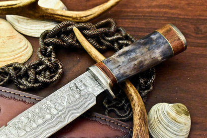 15" Damascus Bowie Knife | Premium Camel Bone Handle