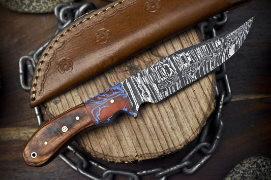 Twist Damascus Skinner Knife with Olive Wood Handle and Micarta Bolster for Camping and Hunting