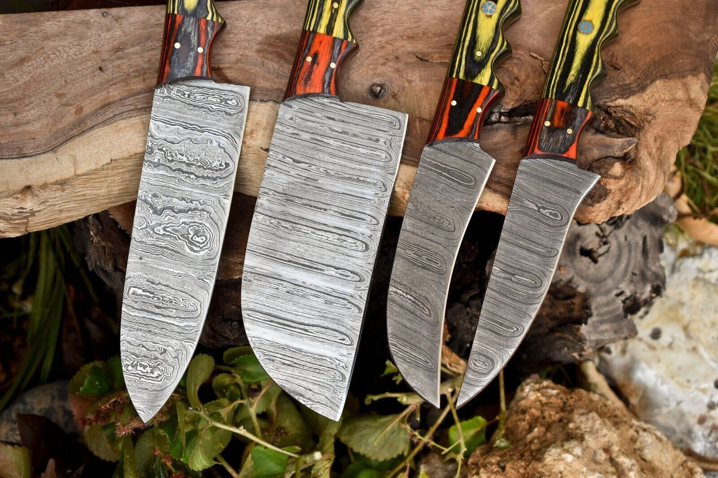 Lot of 4 Handmade Damascus Steel Hammered Chef Knives – Full Tang with Hard Wood Handles