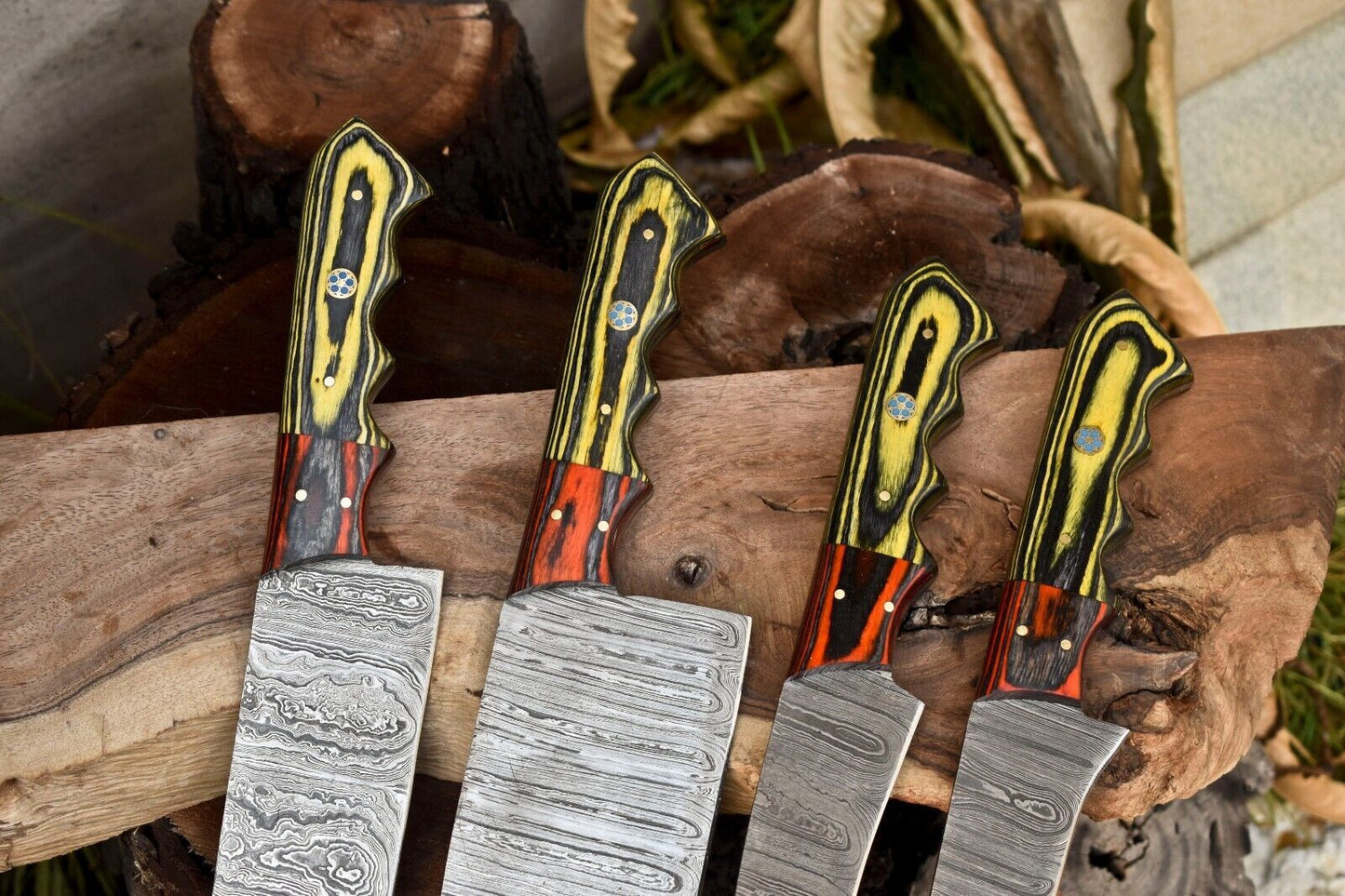 Lot of 4 Handmade Damascus Steel Hammered Chef Knives – Full Tang with Hard Wood Handles
