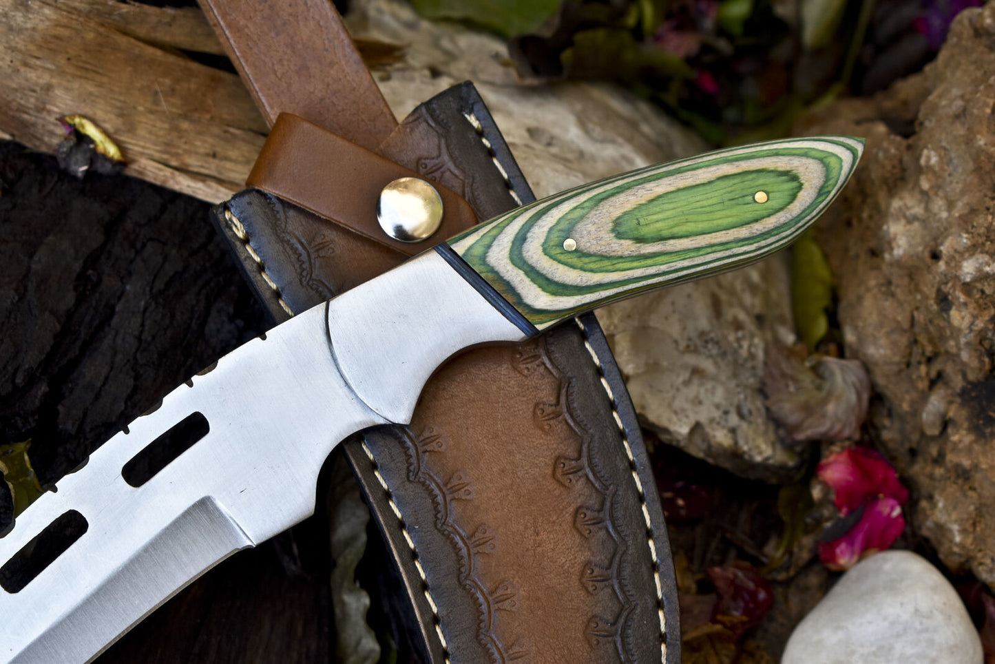 11.5" Hand-Forged Hunting Skinner Knife – 440C Steel Blade, Hardwood Handle, Steel Bolster, Leather Sheath Gift