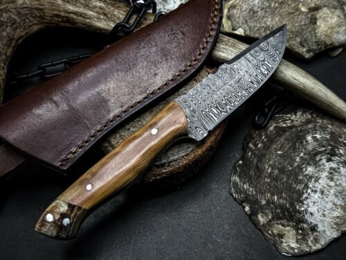 Heritage Forge Handmade Damascus Steel Hunting Survival Knife with Wood Handle and Leather Sheath