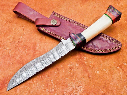 12" Custom Damascus Bowie Knife | Camel Bone & Wood Handle