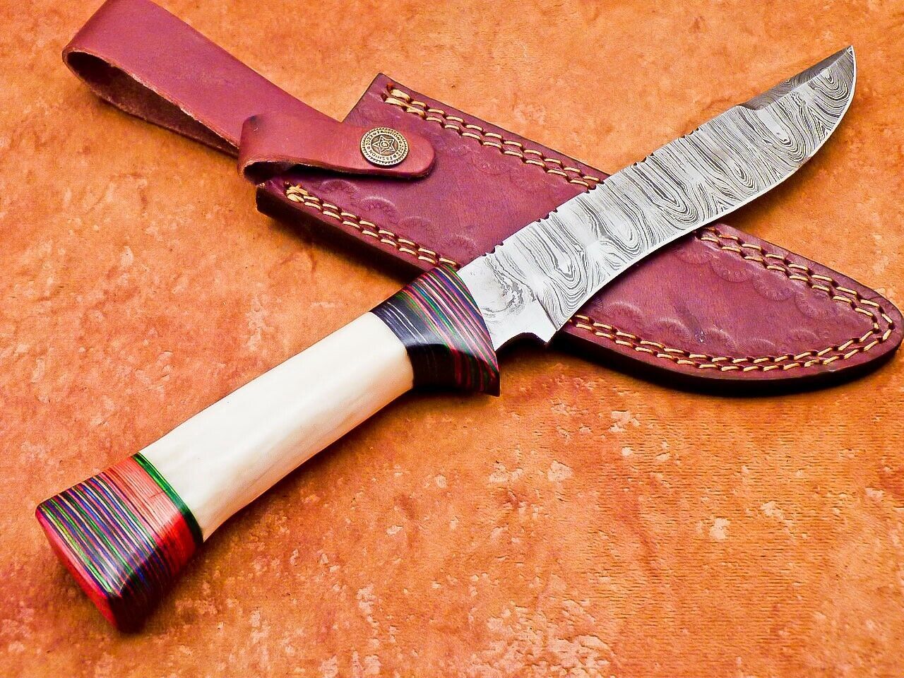 12" Custom Damascus Bowie Knife | Camel Bone & Wood Handle