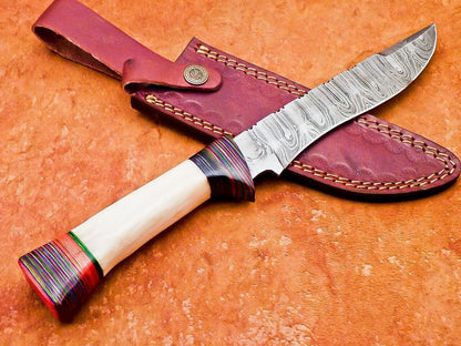 12" Custom Damascus Bowie Knife | Camel Bone & Wood Handle