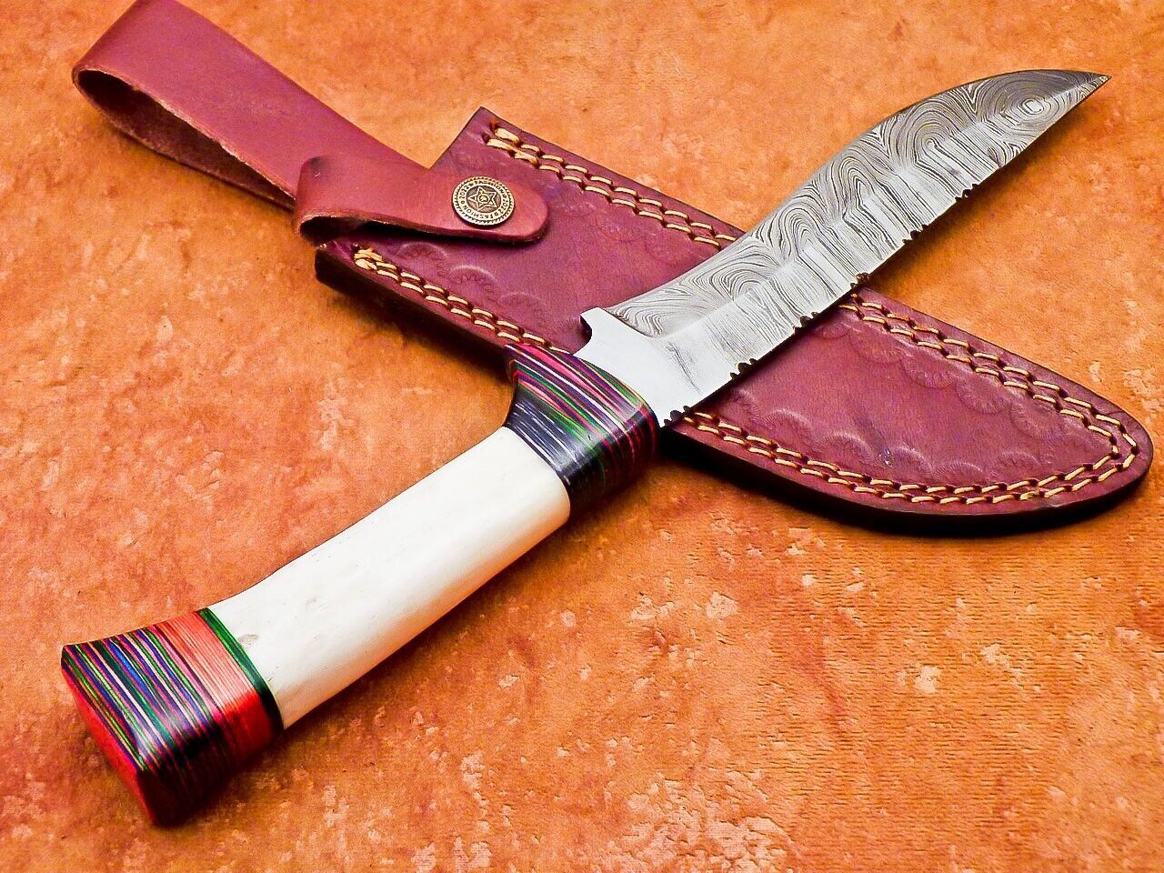 12" Custom Damascus Bowie Knife | Camel Bone & Wood Handle