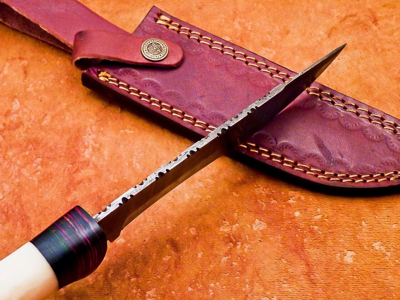 12" Custom Damascus Bowie Knife | Camel Bone & Wood Handle