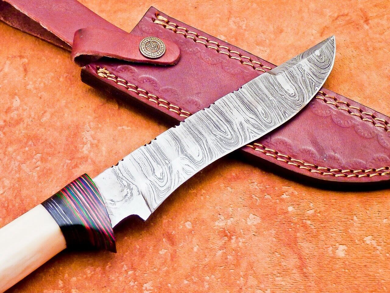 12" Custom Damascus Bowie Knife | Camel Bone & Wood Handle