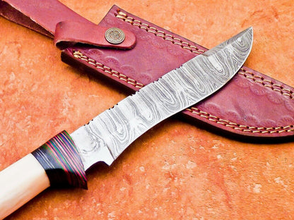12" Custom Damascus Bowie Knife | Camel Bone & Wood Handle