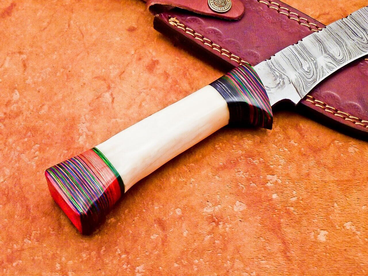 12" Custom Damascus Bowie Knife | Camel Bone & Wood Handle