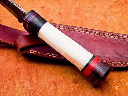 12" Custom Damascus Bowie Knife | Camel Bone & Wood Handle