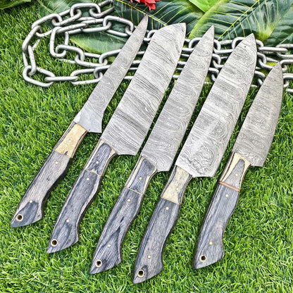 Lot of 5 Handmade Damascus Steel Full Tang Kitchen Chef Knife Set – Premium EDC Cutlery