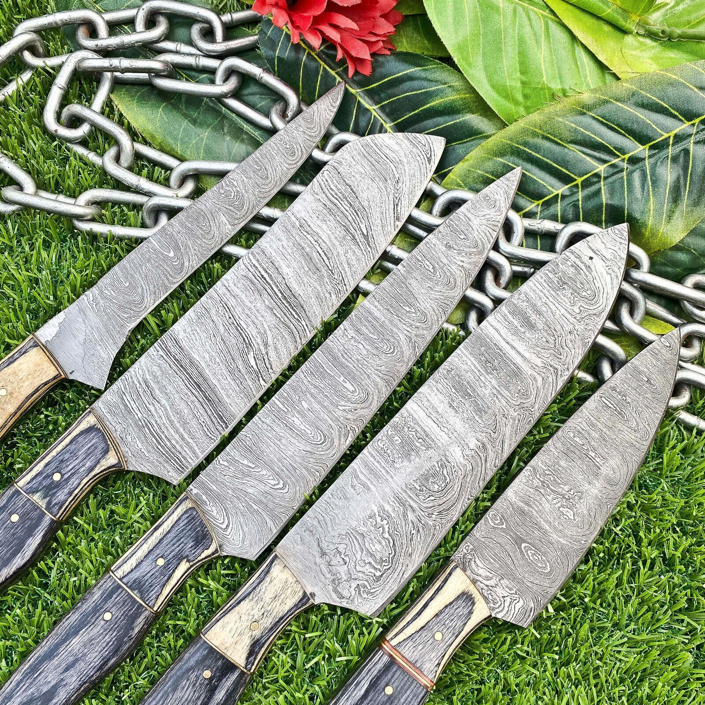 Lot of 5 Handmade Damascus Steel Full Tang Kitchen Chef Knife Set – Premium EDC Cutlery