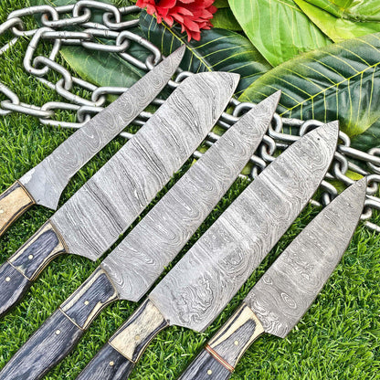 Lot of 5 Handmade Damascus Steel Full Tang Kitchen Chef Knife Set – Premium EDC Cutlery