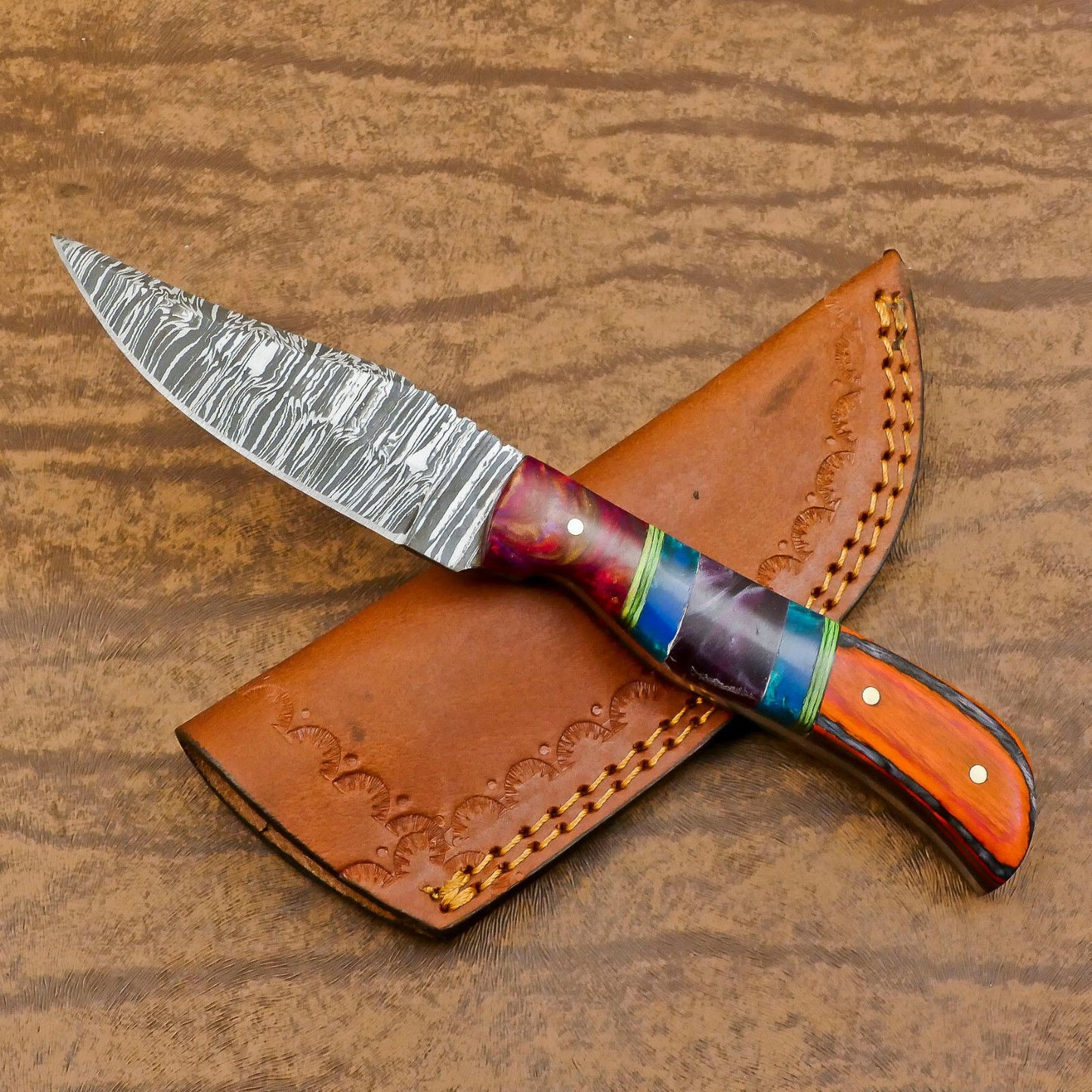 Heritage Forge Custom Handmade Damascus Skinner Hunting Knife with Resin and Wood Handle – Fixed Blade Knife