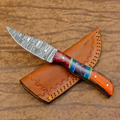 Heritage Forge Custom Handmade Damascus Skinner Hunting Knife with Resin and Wood Handle – Fixed Blade Knife