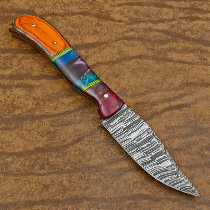 Heritage Forge Custom Handmade Damascus Skinner Hunting Knife with Resin and Wood Handle – Fixed Blade Knife