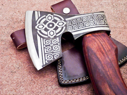 Hand Forged Viking Bearded Axe Carbon Steel Hatchet Tomahawk with Natural Wood Handle and Leather Sheath 18"