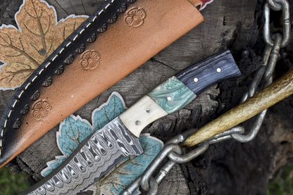 8.0" Ladder Damascus Skinner Knife Mixed Handle Razor Sharp Hunting Tool