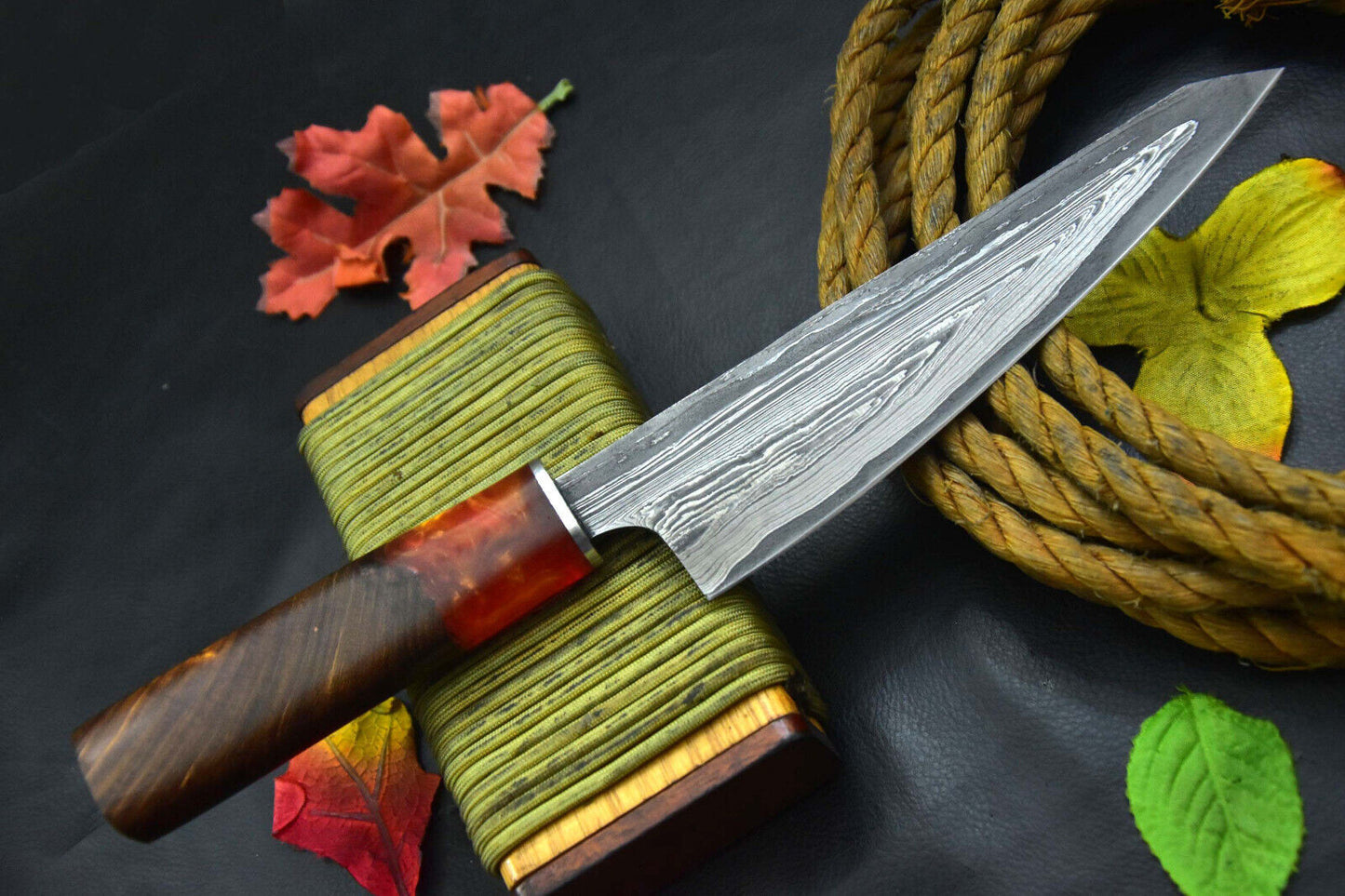 Custom San Mai Damascus Steel Fixed Blade Chef Knife, Walnut & Resin Handle