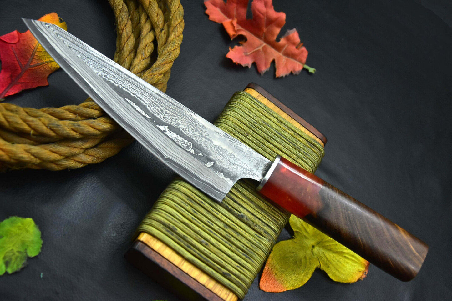 Custom San Mai Damascus Steel Fixed Blade Chef Knife, Walnut & Resin Handle