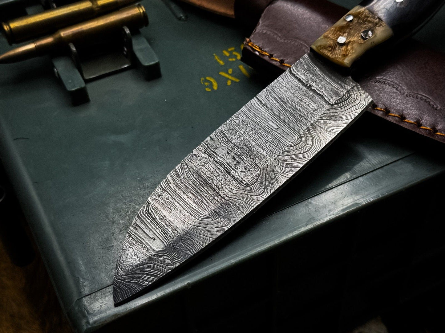 Handmade Damascus Steel Kitchen Chef Vegetable Knife with Horn Handle & Leather Cow Sheath