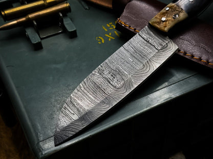 Handmade Damascus Steel Kitchen Chef Vegetable Knife with Horn Handle & Leather Cow Sheath