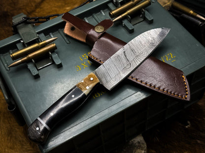 Handmade Damascus Steel Kitchen Chef Vegetable Knife with Horn Handle & Leather Cow Sheath