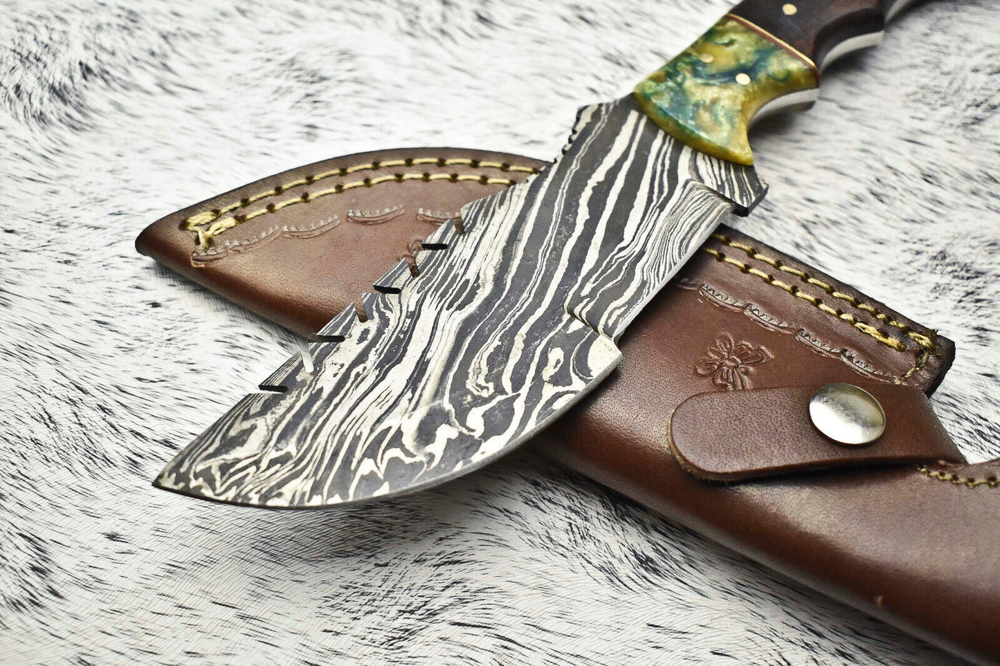 10.0" Handmade Damascus Steel Tracker Knife | Camel Bone Handle Full Tang Blade