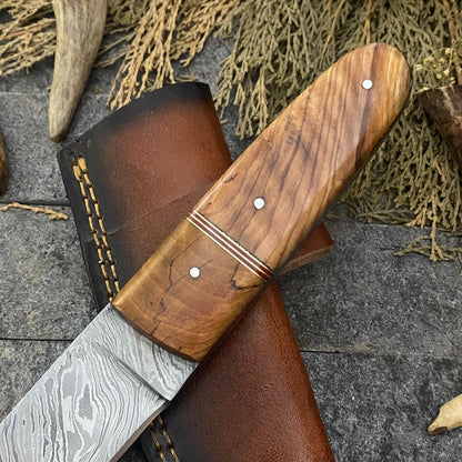 Heritage Forge 9 Inch Handmade Damascus Steel Hunting Skinner Knife with Wood Handle and Sheath