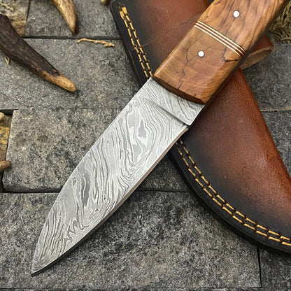 Heritage Forge 9 Inch Handmade Damascus Steel Hunting Skinner Knife with Wood Handle and Sheath