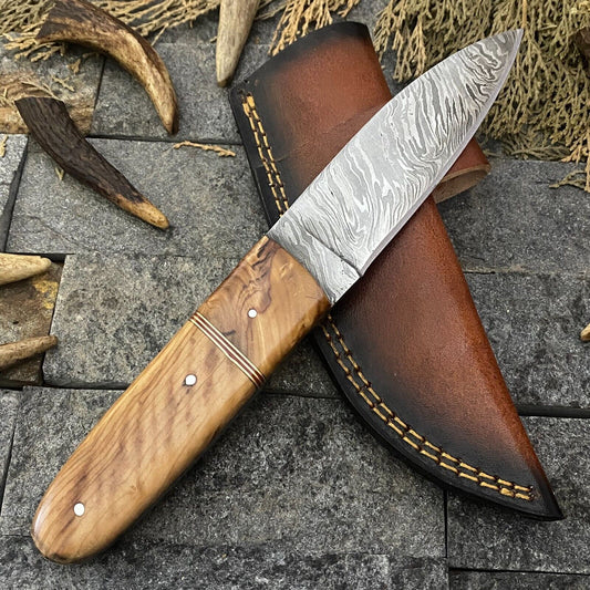 Heritage Forge 9 Inch Handmade Damascus Steel Hunting Skinner Knife with Wood Handle and Sheath