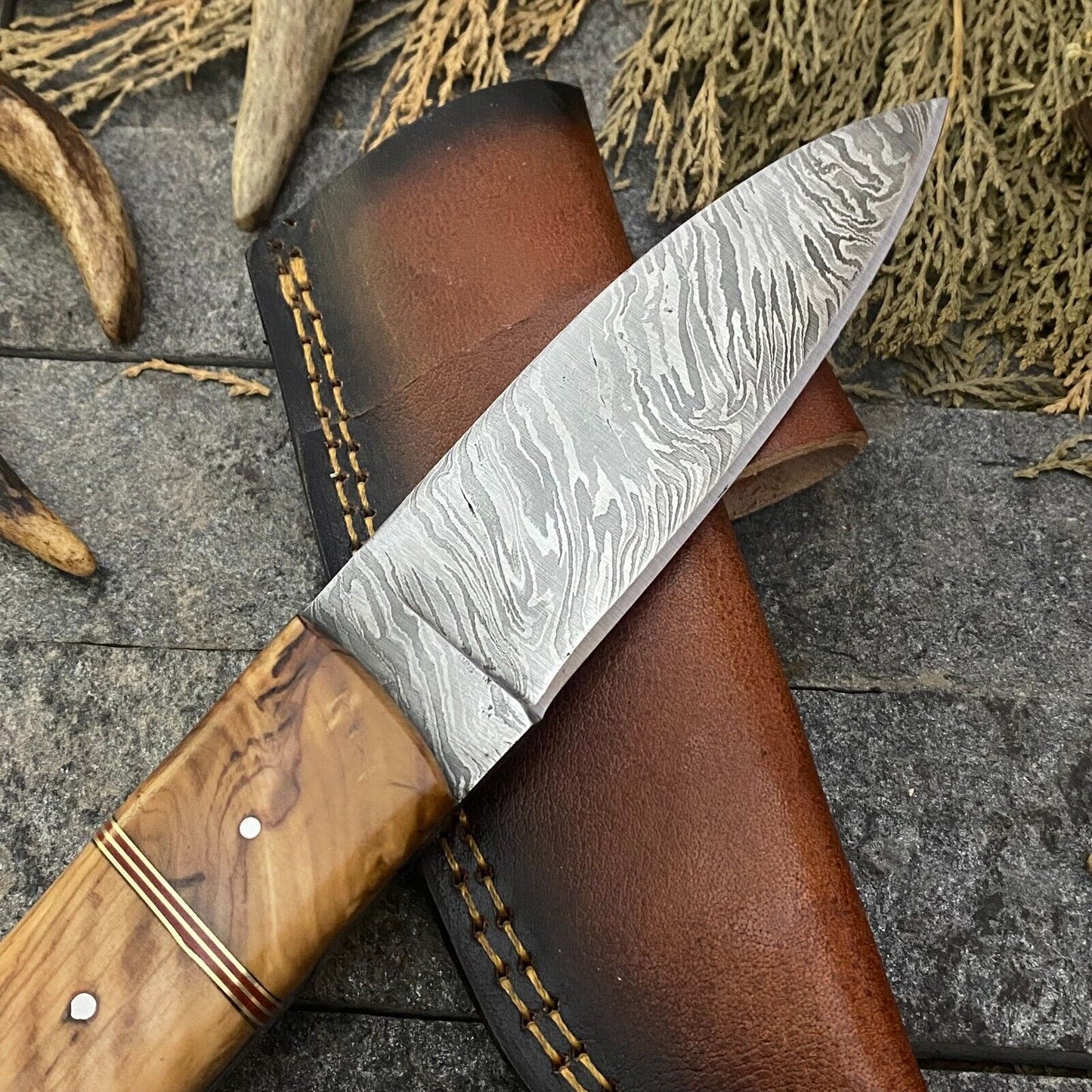Heritage Forge 9 Inch Handmade Damascus Steel Hunting Skinner Knife with Wood Handle and Sheath