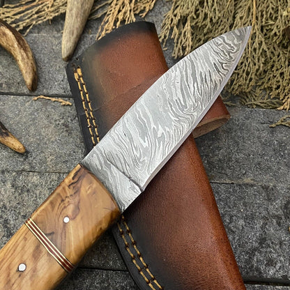 Heritage Forge 9 Inch Handmade Damascus Steel Hunting Skinner Knife with Wood Handle and Sheath
