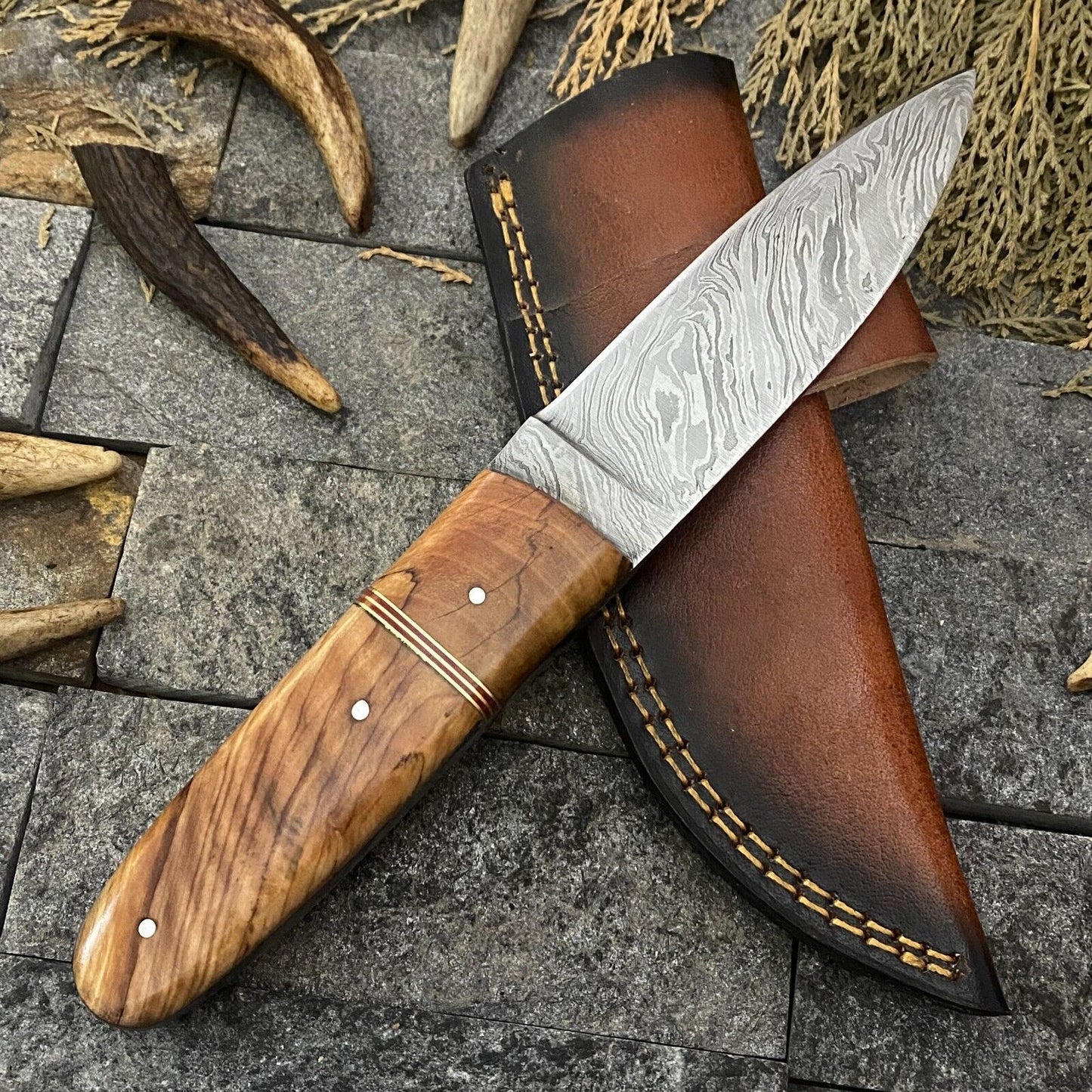 Heritage Forge 9 Inch Handmade Damascus Steel Hunting Skinner Knife with Wood Handle and Sheath