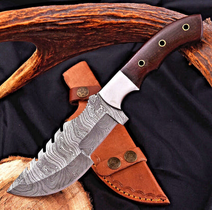 Custom Handmade Damascus Steel Tracker Hunting Knife – Forged Fixed Blade Survival Camping Knife with Micarta Handle & Leather Sheath