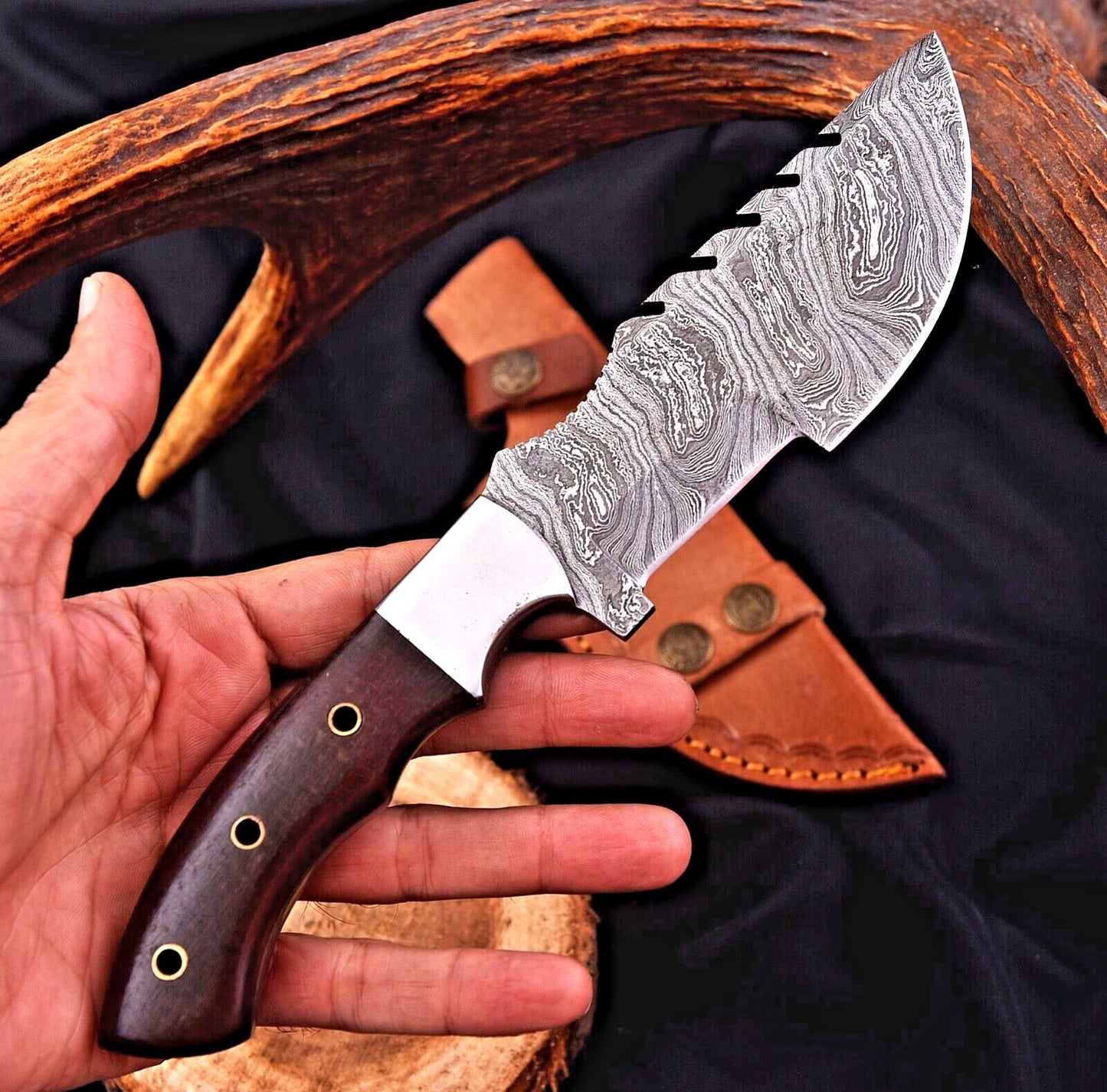 Custom Handmade Damascus Steel Tracker Hunting Knife – Forged Fixed Blade Survival Camping Knife with Micarta Handle & Leather Sheath