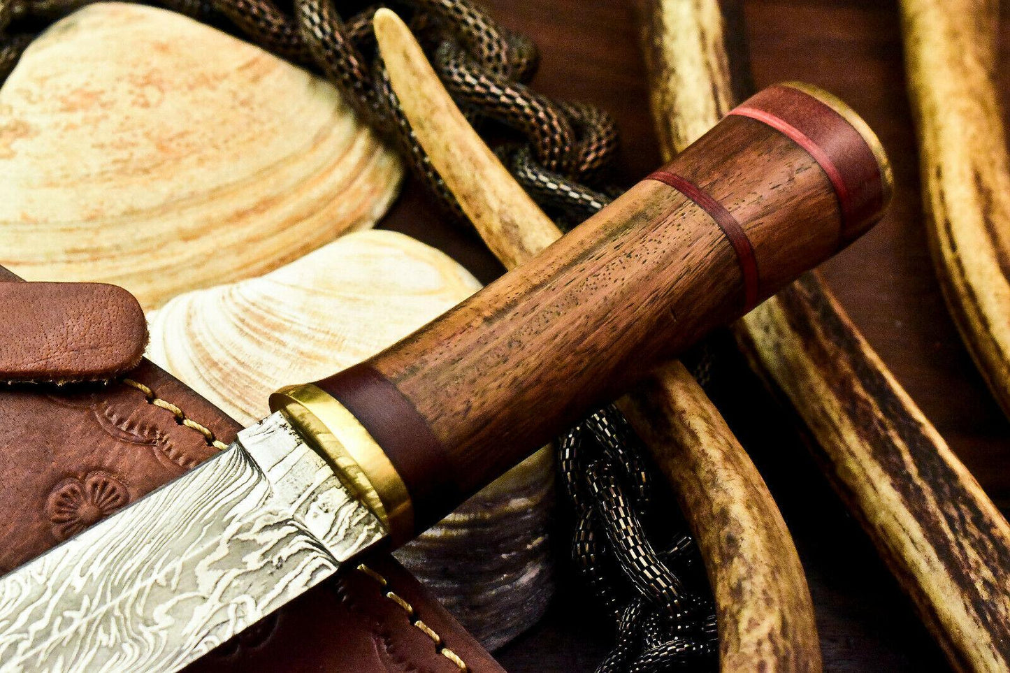 11" Damascus Bowie Hunting Knife – Walnut Wood Handle with Leather Sheath