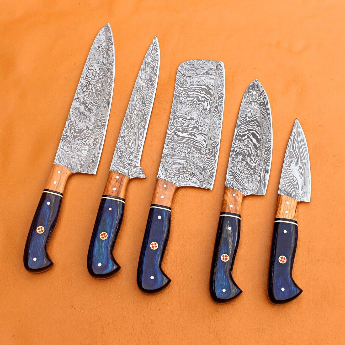 Custom Handmade Twist Damascus Steel Chef Set with Sheath Hunting Knife – Premium Quality